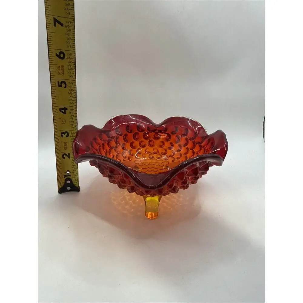 Vtg Fenton Amberina Red Orange Art Glass Hobnail Ruffled Bowl Candy Dish Glows *